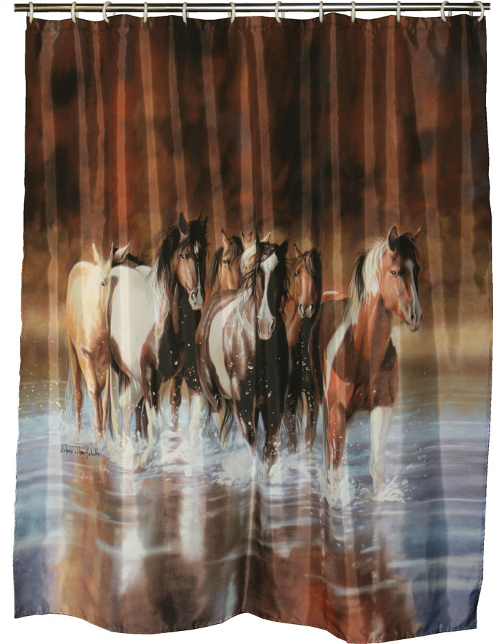 ! A Polyester Shower Curtain Set, Liner,Hooks Running Horses
